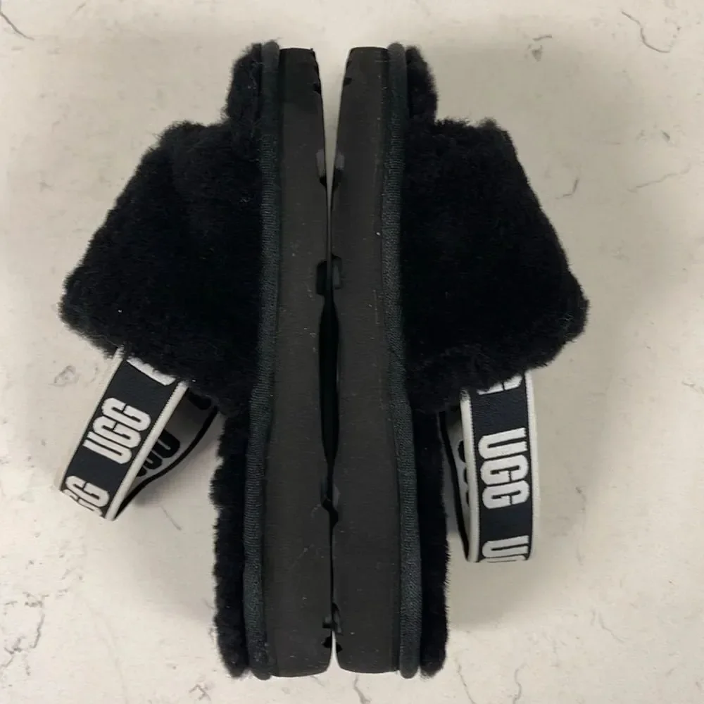 UGG Disco Slide Kids Black Fluffy Sandals - Slippers Size 13